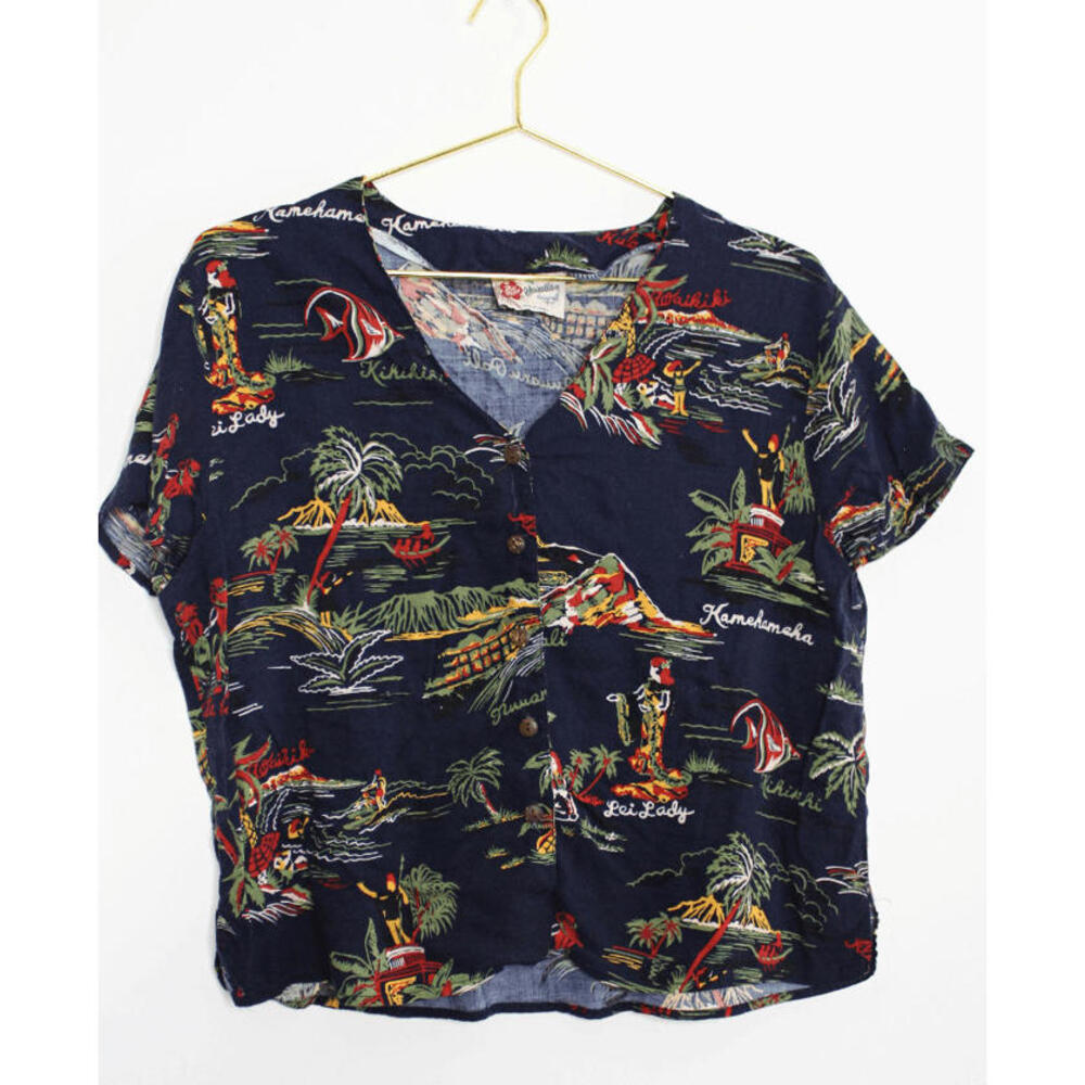 Navy Blue Hawaiian Button Down Crop Top - Large